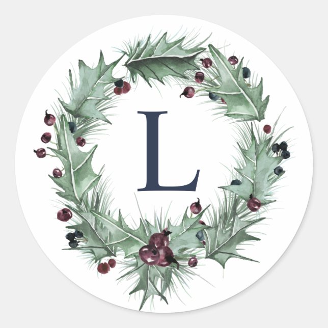Christmas Berries Wreath Monogram Umschlag Aufkleb Runder Aufkleber (Vorderseite)