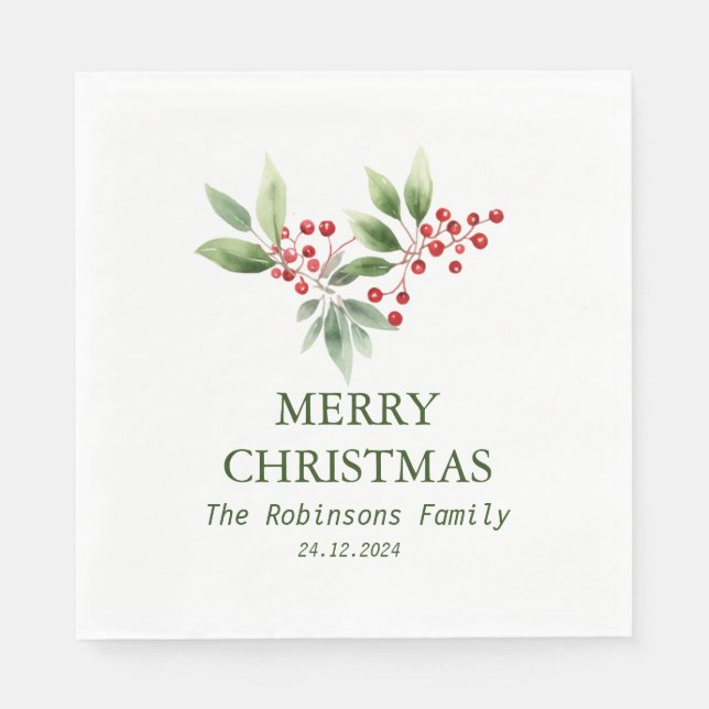 Christmas Berry Branch Watercolor Serviette (Vorderseite)