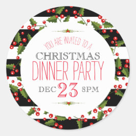 Christmas Berry Wreath Black & White Streifen Runder Aufkleber
