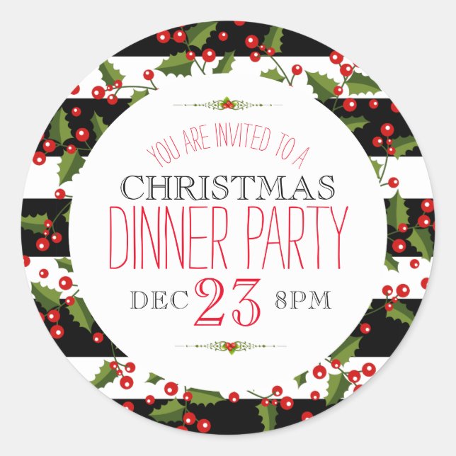 Christmas Berry Wreath Black & White Streifen Runder Aufkleber (Vorderseite)