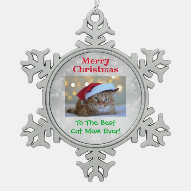 Christmas Best Cat Mom Ever Pet Foto Schneeflocken Zinn-Ornament (Vorderseite)