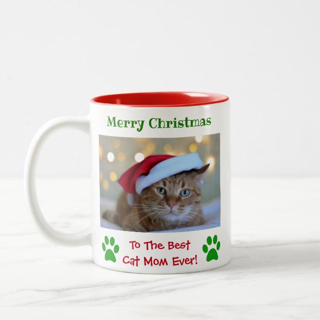 Christmas Best Cat Mom Ever Pet Foto Zweifarbige Tasse (Links)
