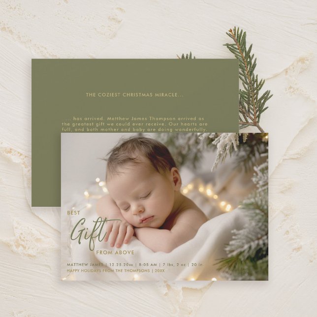 Christmas Best Gift Calligraphy Green Baby Foto Ankündigung (christmas family card baby announcement best gift calligraphy simple elegant modern gold green)