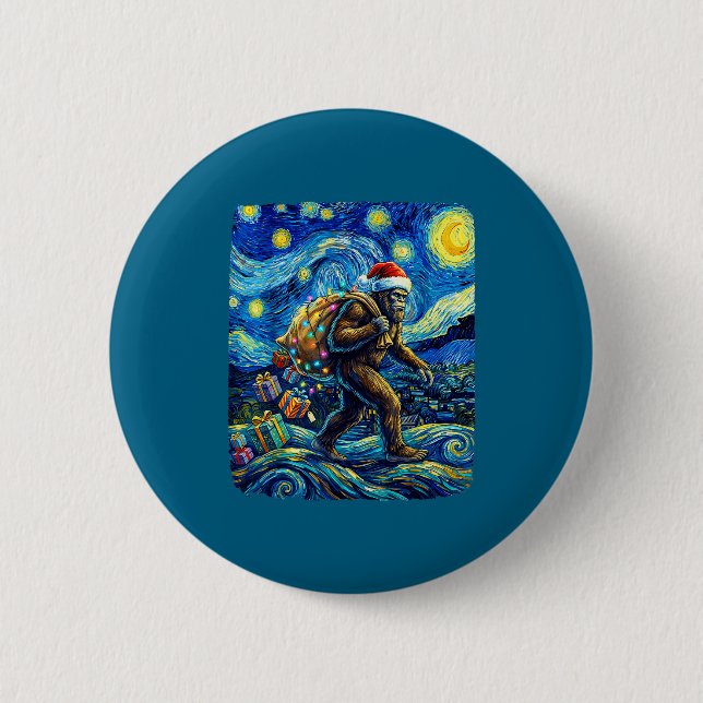 Christmas Bigfoot Santa Hat Van Gogh Starry Night  Button (Vorderseite)