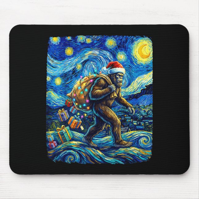 Christmas Bigfoot Santa Hat Van Gogh Starry Night  Mousepad (Vorne)