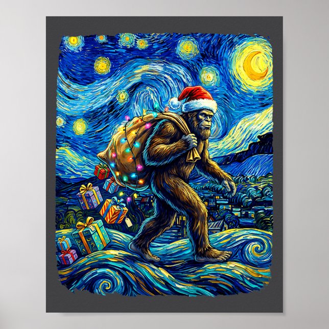 Christmas Bigfoot Santa Hat Van Gogh Starry Night  Poster (Vorne)
