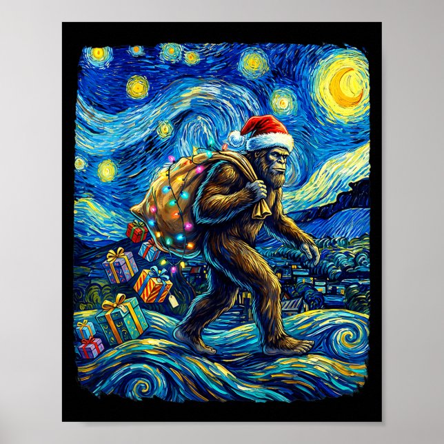 Christmas Bigfoot Santa Hat Van Gogh Starry Night  Poster (Vorne)