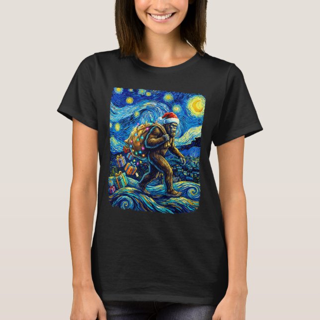 Christmas Bigfoot Santa Hat Van Gogh Starry Night  T-Shirt (Vorderseite)
