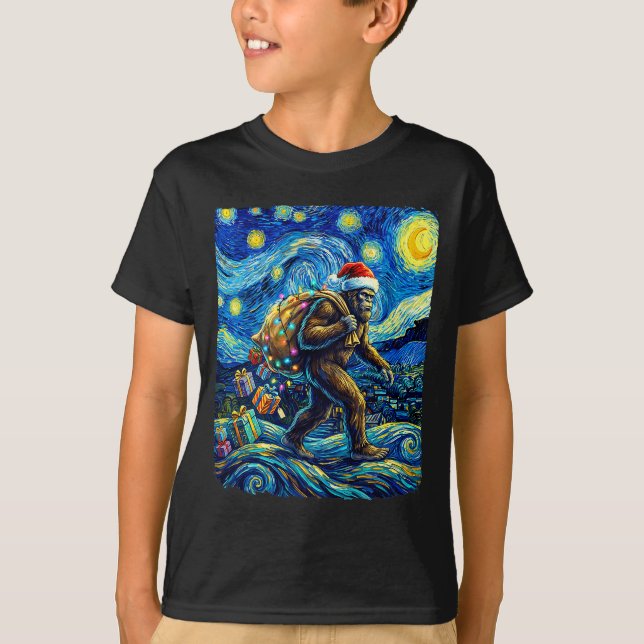 Christmas Bigfoot Santa Hat Van Gogh Starry Night  T-Shirt (Vorderseite)