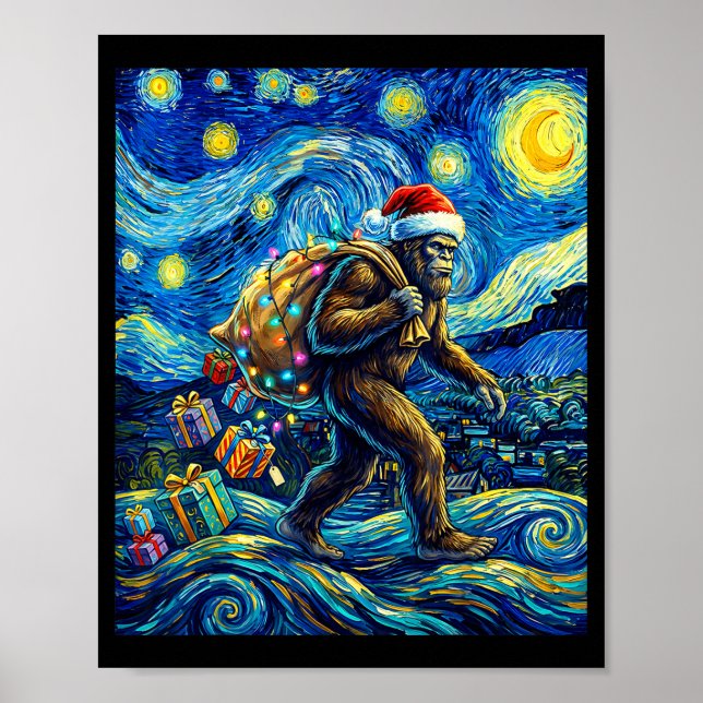 Christmas Bigfoot Santa Hat Van Gogh Walking In St Poster (Vorne)