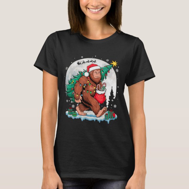 Christmas Bigfoot Santa Tree Sleigh Moon Funny Xma T-Shirt (Vorderseite)