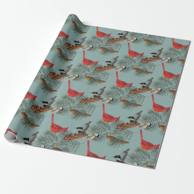 Christmas Bird Kardinal Nuthatch Chickadee Aquamar Geschenkpapier (Ungerollt)
