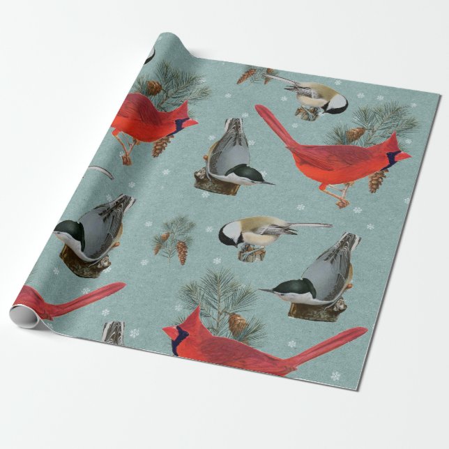 Christmas Bird Kardinal Nuthatch Chickadee Snow Geschenkpapier (Ungerollt)
