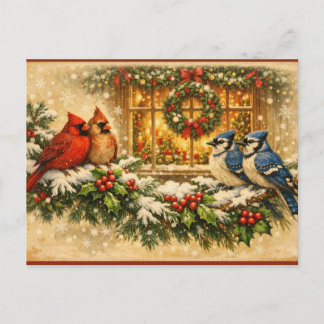 Christmas Birds on the Winter Berry Branches Feiertagspostkarte