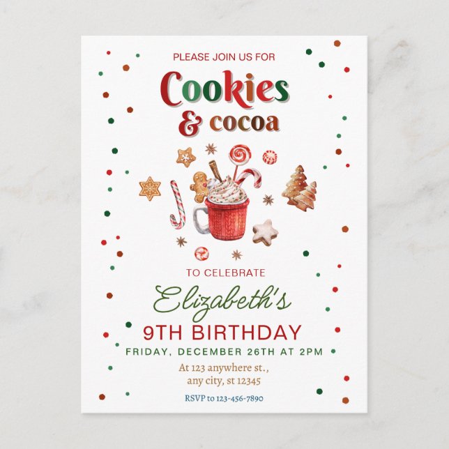 Christmas birthday cookies and cocoa Festive Postkarte (Vorderseite)
