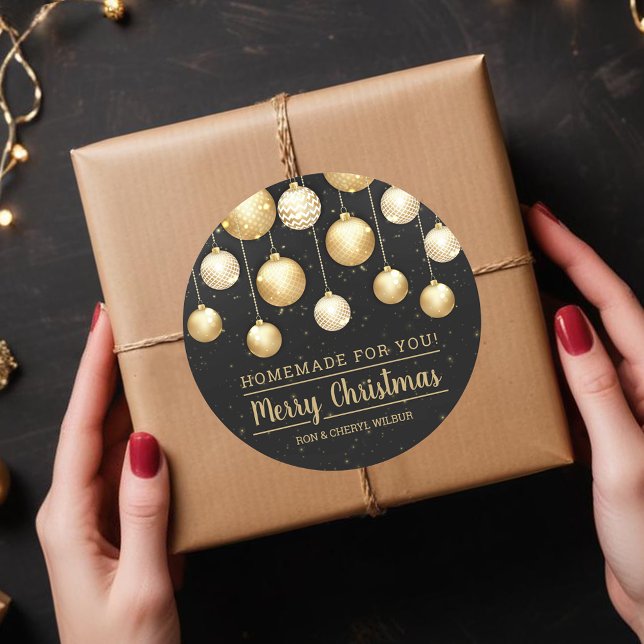 Christmas Black and Gold Homemade For You Runder Aufkleber (Black and Gold Christmas Tree Ornaments on Handmade For You  Round Stickers)