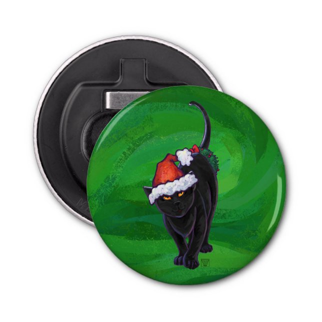 Christmas Black Cat auf Green Flaschenöffner (Vorderseite)