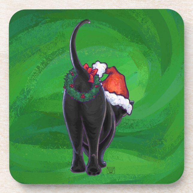 Christmas Black Cat auf Green Getränkeuntersetzer (Vorderseite)