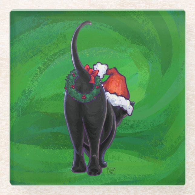 Christmas Black Cat auf Green Glasuntersetzer (Vorderseite)
