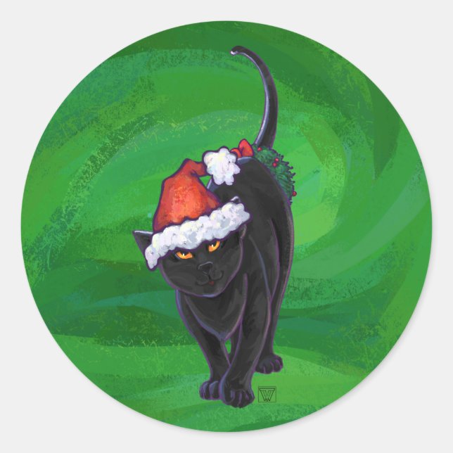 Christmas Black Cat auf Green Runder Aufkleber (Vorderseite)