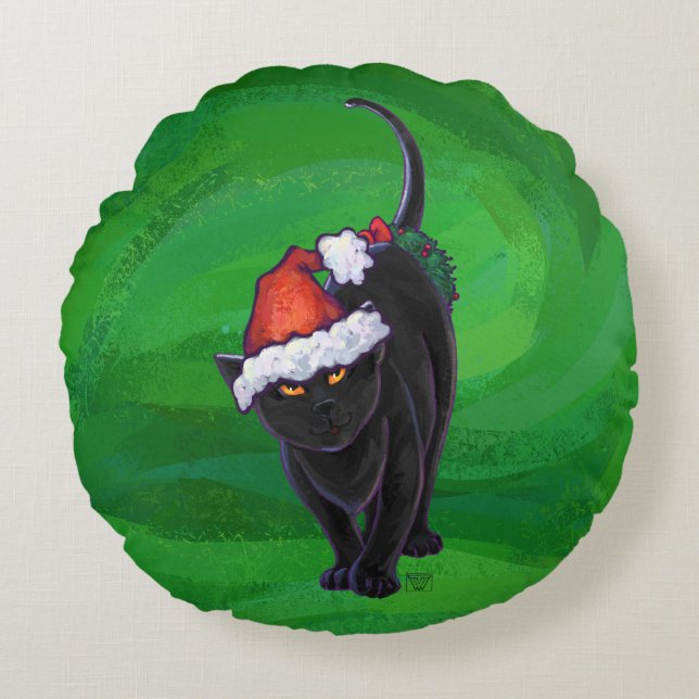 Christmas Black Cat auf Green Rundes Kissen (Vorderseite)