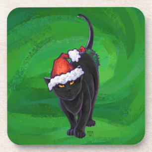 Christmas Black Cat auf Green Untersetzer