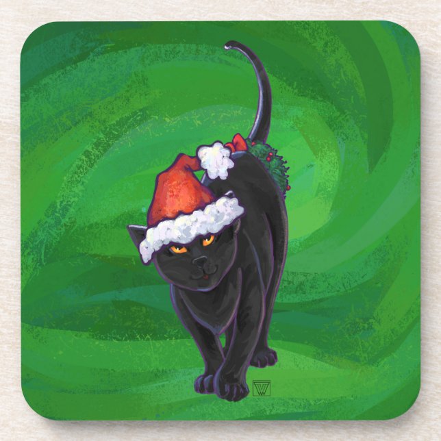 Christmas Black Cat auf Green Untersetzer (Vorderseite)