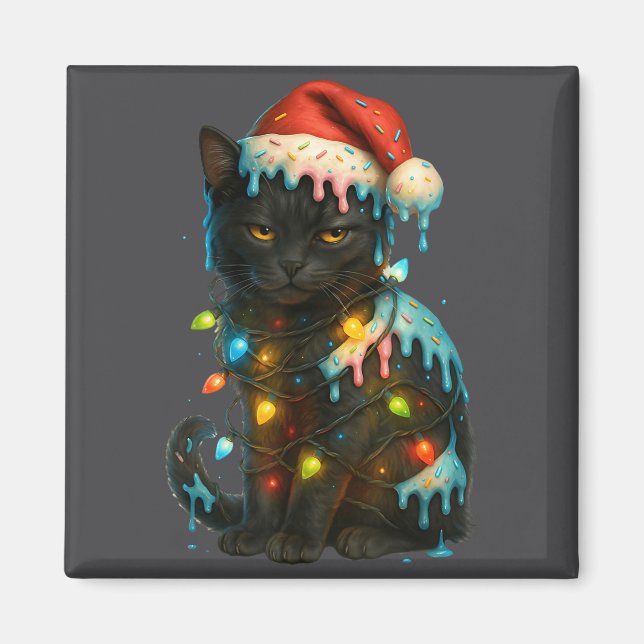 Christmas Black Cat Ice Cream Drip Santa Hat Cute  Magnet (Vorne)