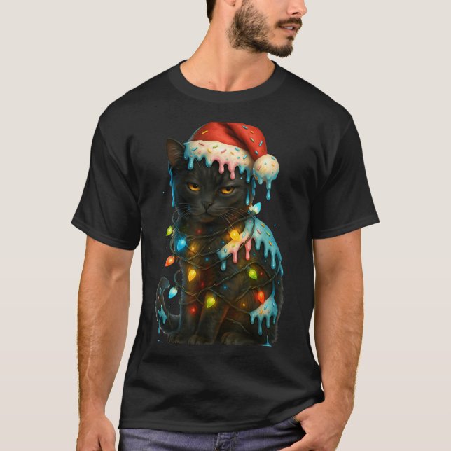 Christmas Black Cat Ice Cream Drip Santa Hat Cute  T-Shirt (Vorderseite)
