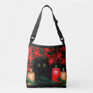 Christmas Black Cat Poinsettias Candles Tragetaschen Mit Langen Trägern