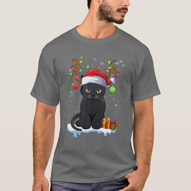 Christmas Black Cat Rentier Antlers Funny Xmas Ca T-Shirt (Vorderseite)