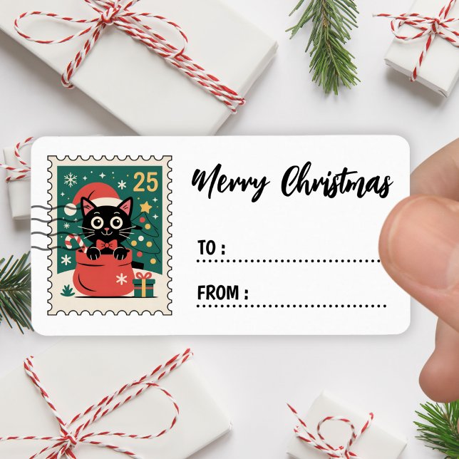 Christmas Black Cat Stamp Sticker Label Adressaufkleber (Von Creator hochgeladen)