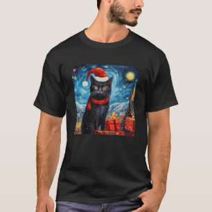 Christmas Black Cat Starry Night Van Gogh Retro Ca T-Shirt