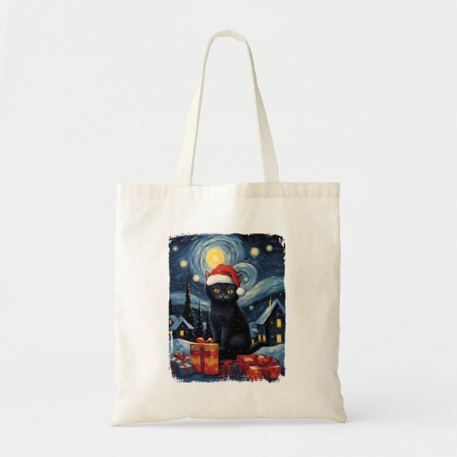 Christmas Black Cat Starry Night Van Gogh Retro Ca Tragetasche (Vorne)
