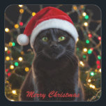 Christmas Black Cat - Weihnachtsmannmütze Personal Quadratischer Aufkleber<br><div class="desc">Christmas Black Cat - Weihnachtsmannmütze Personalisiertes Foto Square Sticker</div>