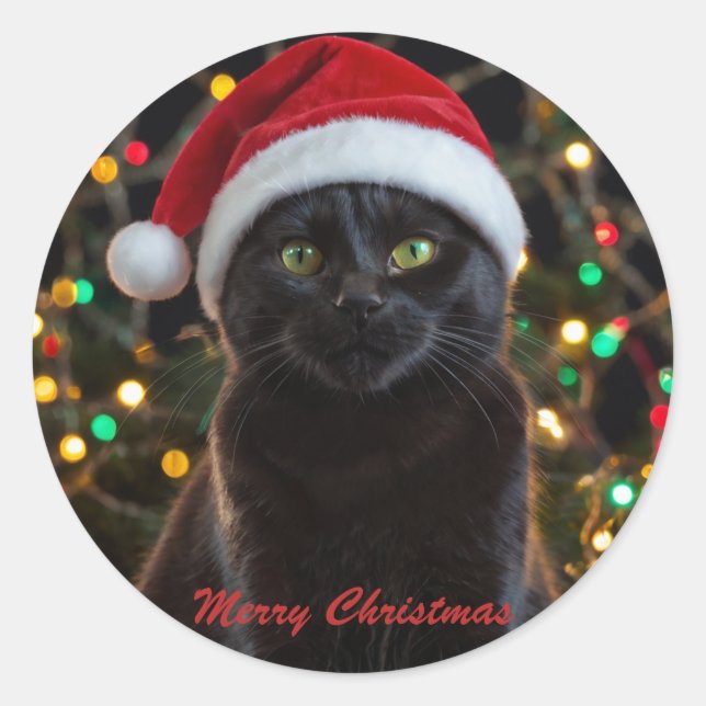 Christmas Black Cat - Weihnachtsmannmütze Personal Runder Aufkleber (Vorderseite)