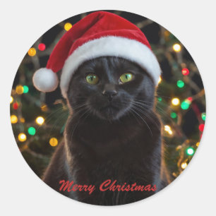 Christmas Black Cat - Weihnachtsmannmütze Personal Runder Aufkleber