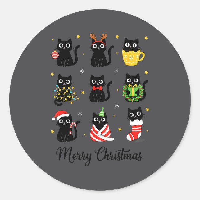 Christmas Black Cats Merry Christmas Cute Holiday  Runder Aufkleber (Vorderseite)