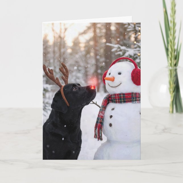 Christmas Black Labrador Retriever with Snowman Karte (Vorderseite)