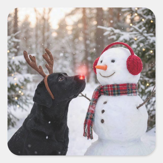 Christmas Black Labrador Retriever with Snowman Quadratischer Aufkleber (Vorderseite)