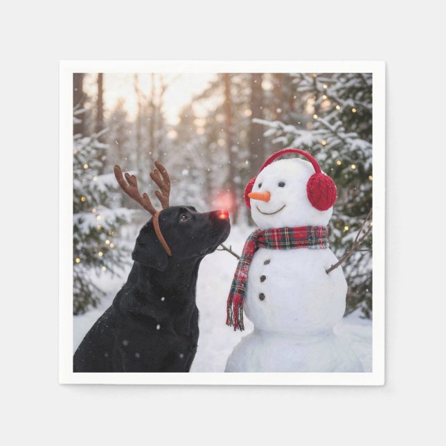 Christmas Black Labrador Retriever with Snowman Serviette (Vorderseite)