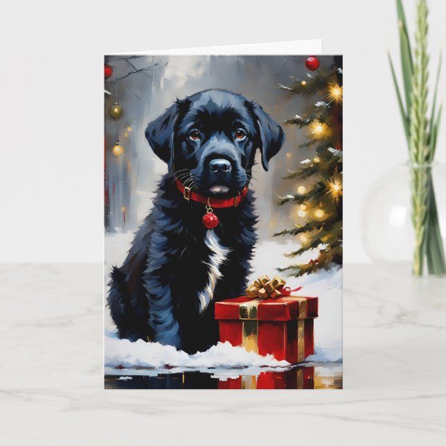 Christmas Black Puppy With Red Gift Karte (Vorderseite)
