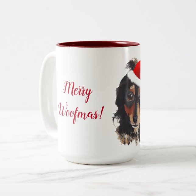 Christmas Black Tan Long Hairs Dackel Weihnachtsma Zweifarbige Tasse (Vorderseite Links)