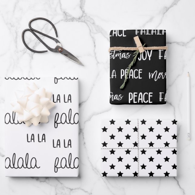 Christmas Black & White Wrapping Paper Geschenkpapier Set (Vorderseite)