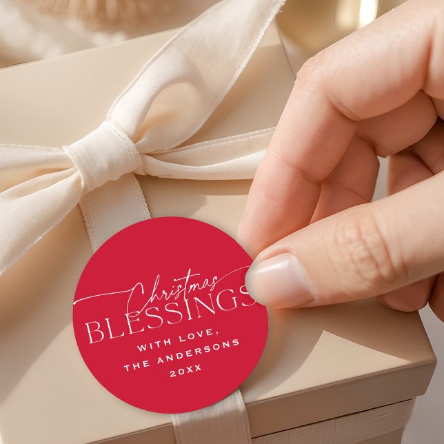 Christmas Blessings Elegant Typography Red Holiday Runder Aufkleber (Von Creator hochgeladen)