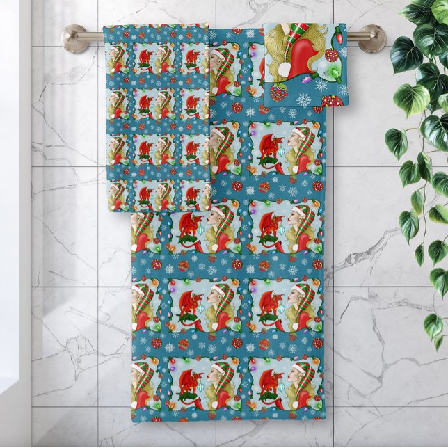Christmas Blonde Elf Red Dragon Fantasy Badhandtuch Set (Von Creator hochgeladen)