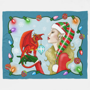 Christmas Blonde Elf Red Dragon Fantasy Fleecedecke