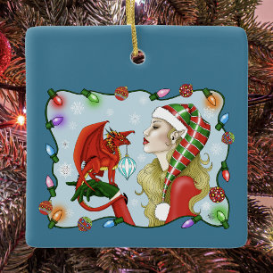 Christmas Blonde Elf Red Dragon Fantasy Keramikornament