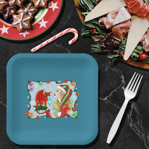 Christmas Blonde Elf Red Dragon Fantasy Pappteller