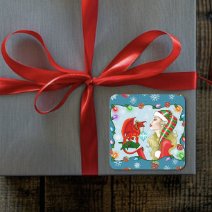 Christmas Blonde Elf Red Dragon Fantasy Quadratischer Aufkleber